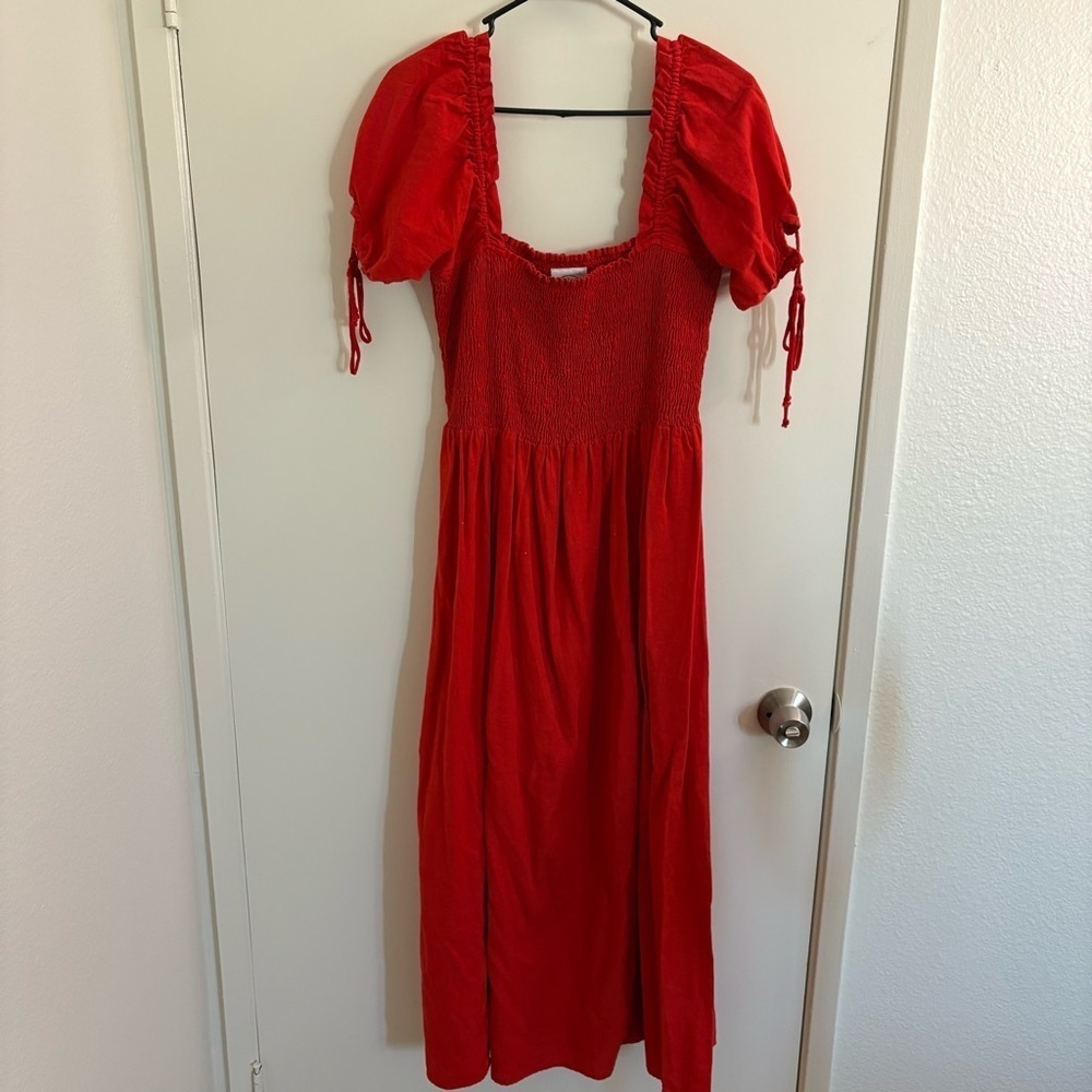 Kinga Csilla Red Smocked Puff Tie Sleeve Maxi Dress Women’s US Size 6 Holiday